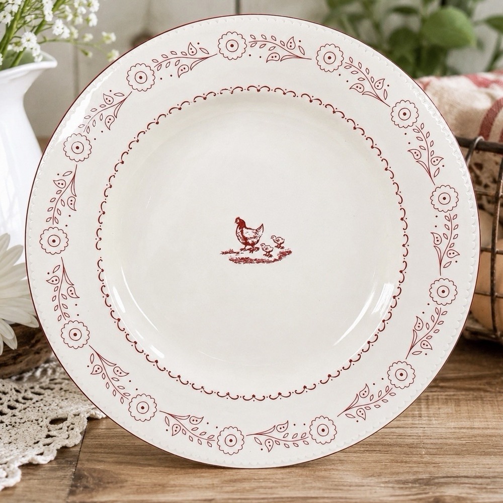 Country Living Red Friends Dinner Plate 11" Red & White Hen Chicks Farmhouse